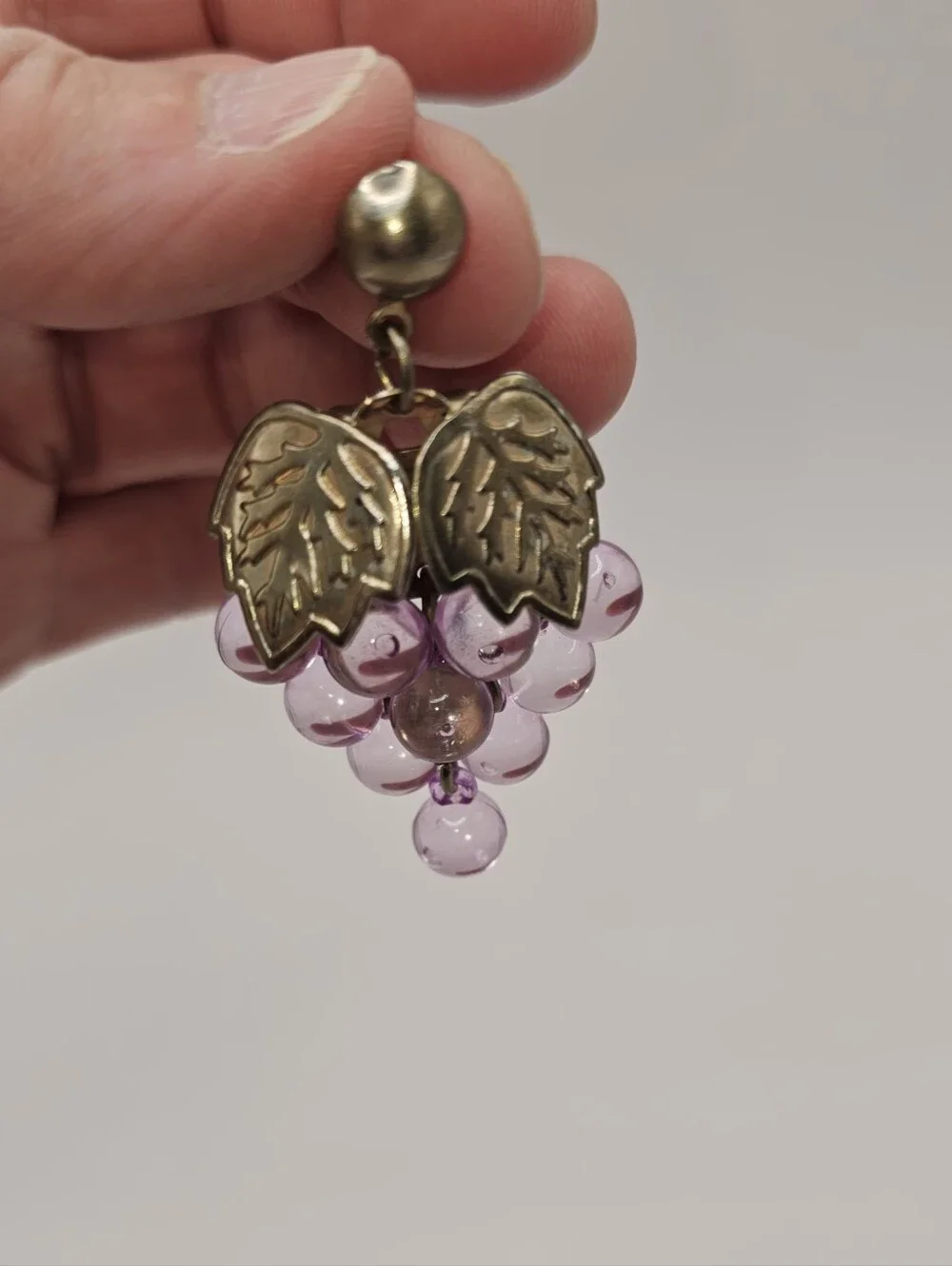 Vintage Purple Grape Cluster Drop Earrings with Gold Leaves